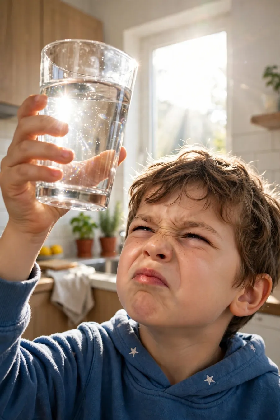 Child squinting at a sunlit glass of water in a kitchen